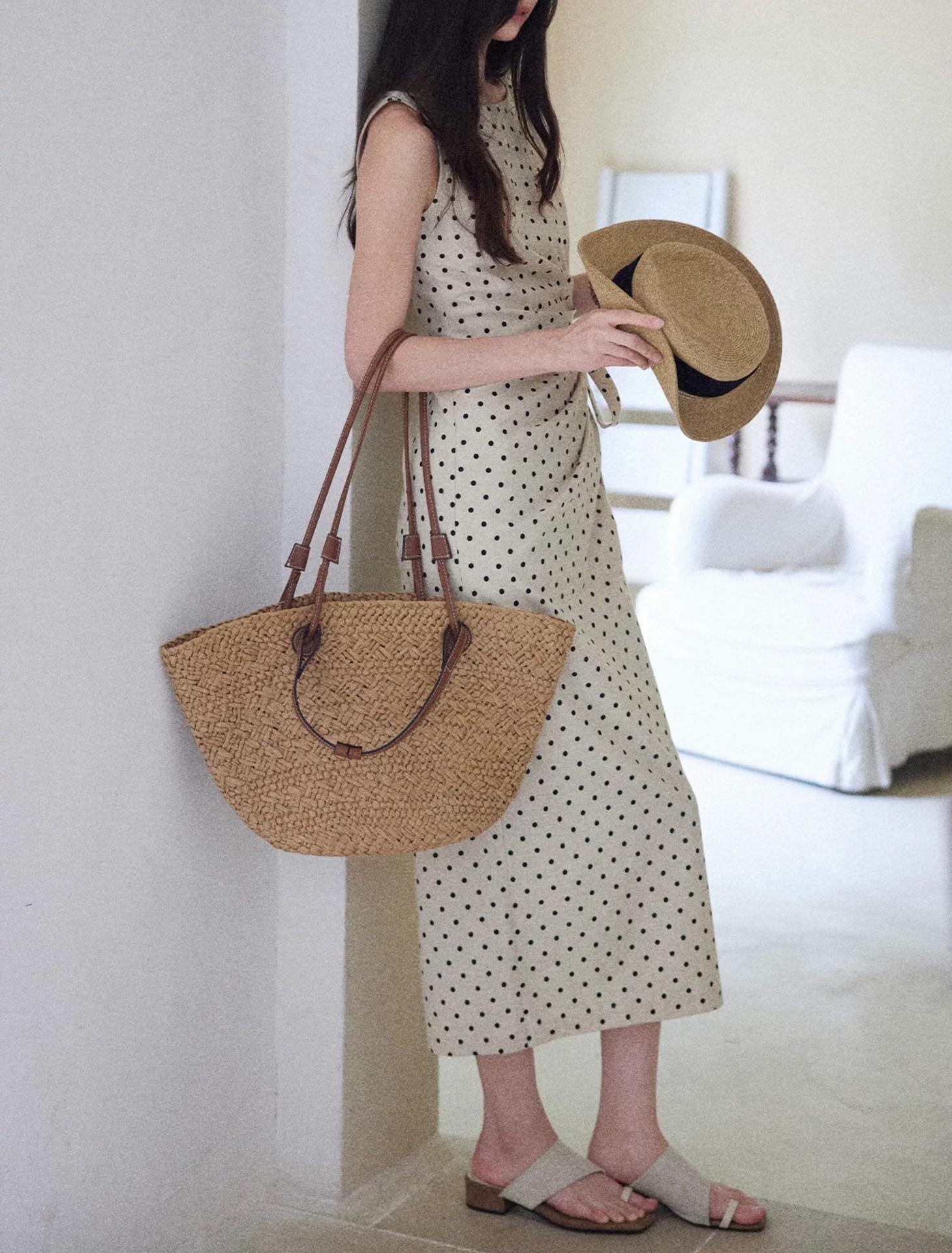 Polka Dot Linen Blend Sleeveless Maxi Dress French Style Waist Tie Wrap Dress K26033109