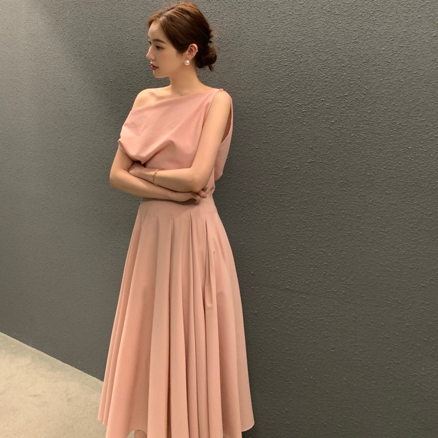 Chic Style Asymmetric Neck Top With Pleated Midi Skirt Two Piece Set K26050507