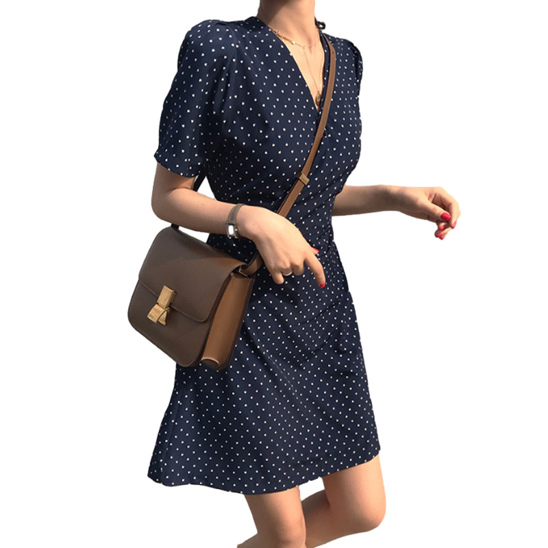 Chic Style Polka Dot V-Neck Short Sleeve Wrap Mini Dress K26051102