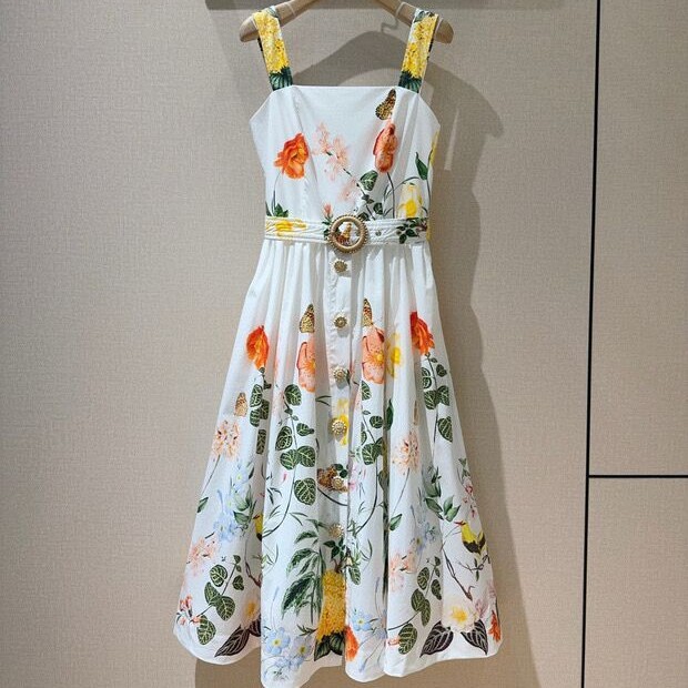 Romance New floral print belted square neck midi dress K26051302