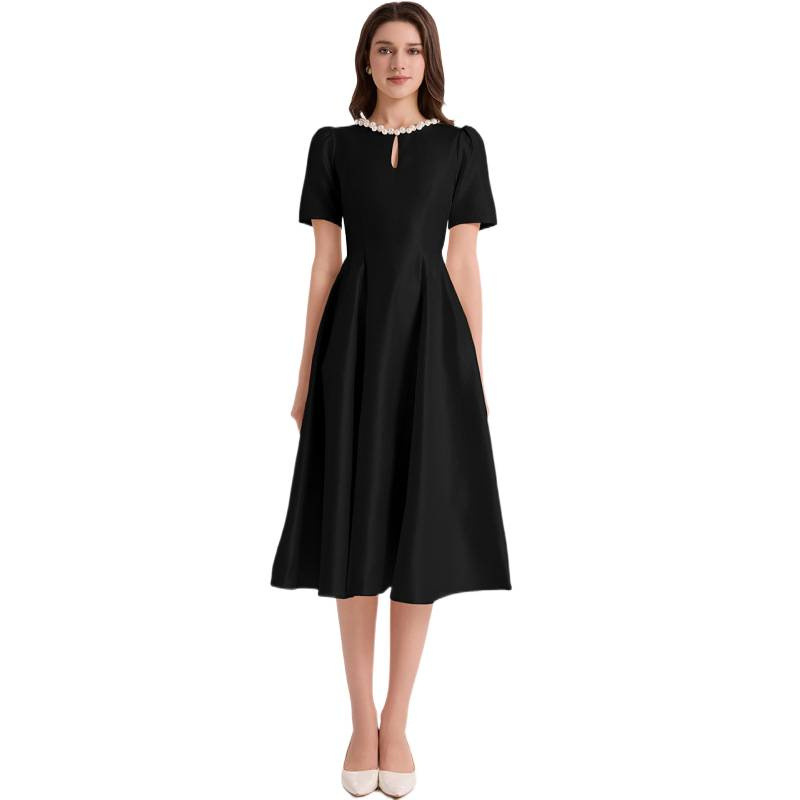 Elegant pearl neck short sleeve midi dress K26051308
