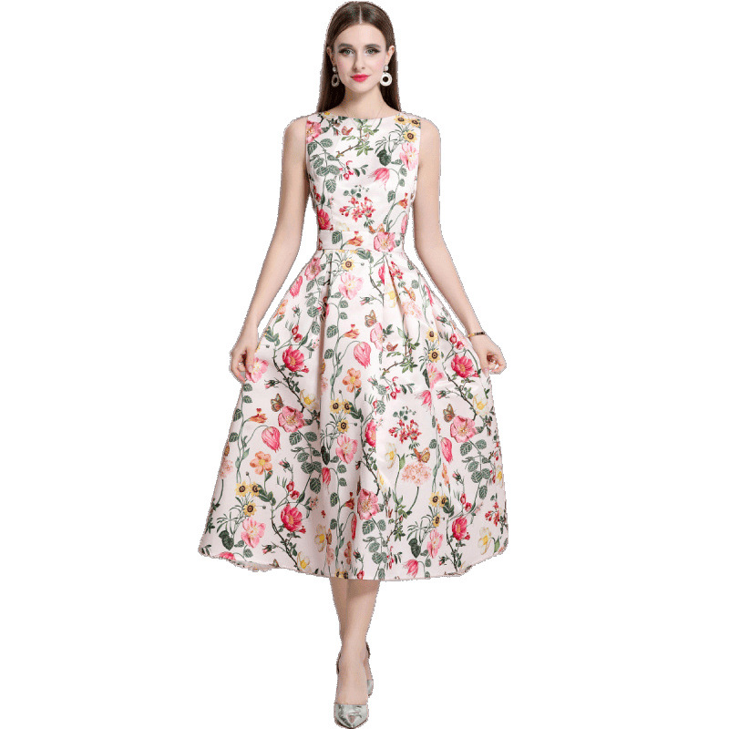 Romantic floral print sleeveless fit and flare midi dress K26051309
