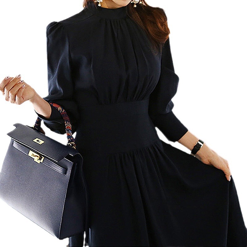 New Elegant stand-up collar lantern sleeve high-waisted slim-fit dress K25121106