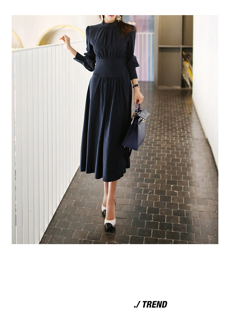 New Elegant stand-up collar lantern sleeve high-waisted slim-fit dress K25121106