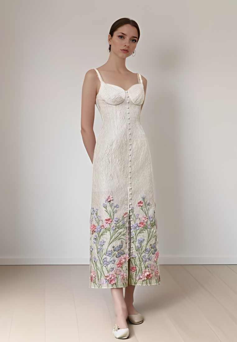 New Mori Girl Style Floral Print White Sling Dress K121708