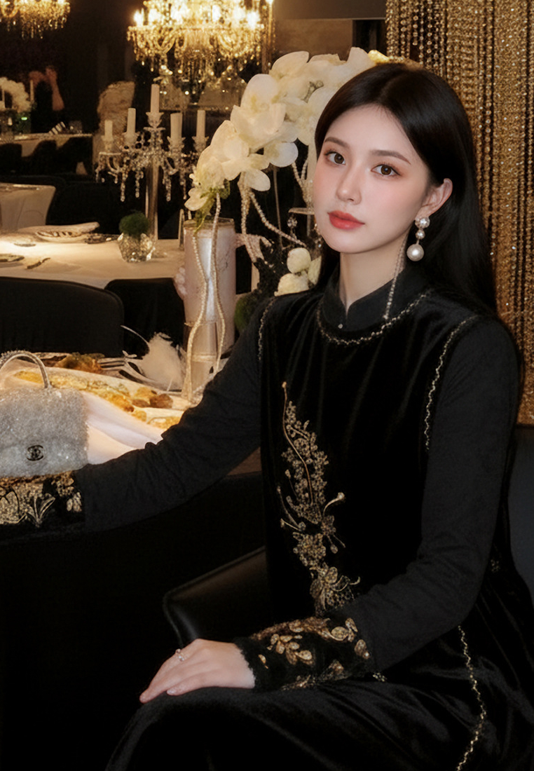 High-End Bead-Embroidered Velvet Designed Vest & Midi Skirt CA20251215BK