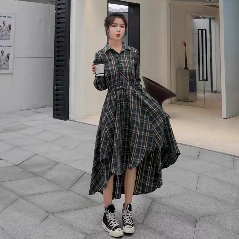 New elegant long-sleeved plaid dress CA25091539
