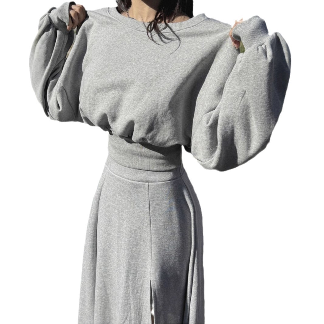 Korean chic New trendy off-shoulder cropped sweatshirt + side-slit maxi skirt set K010617