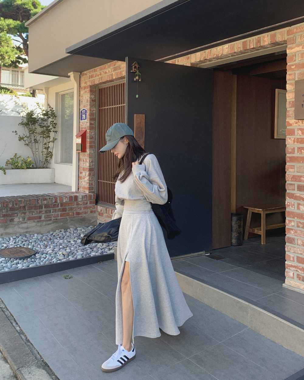 Korean chic New trendy off-shoulder cropped sweatshirt + side-slit maxi skirt set K010617