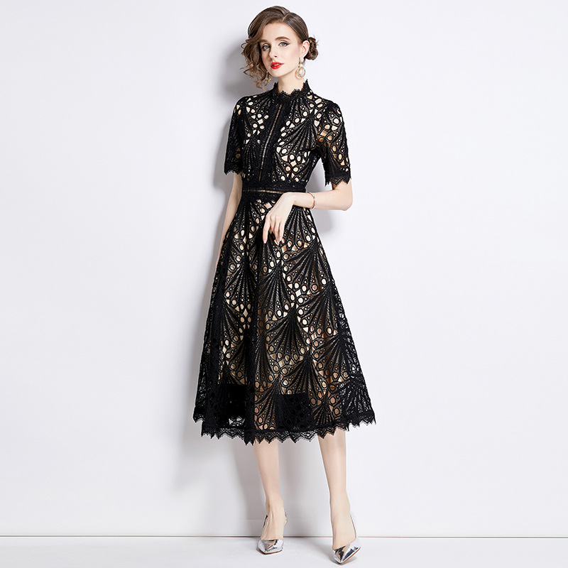 New S/S French-style lace-trimmed round neck elegant party dress K26011202