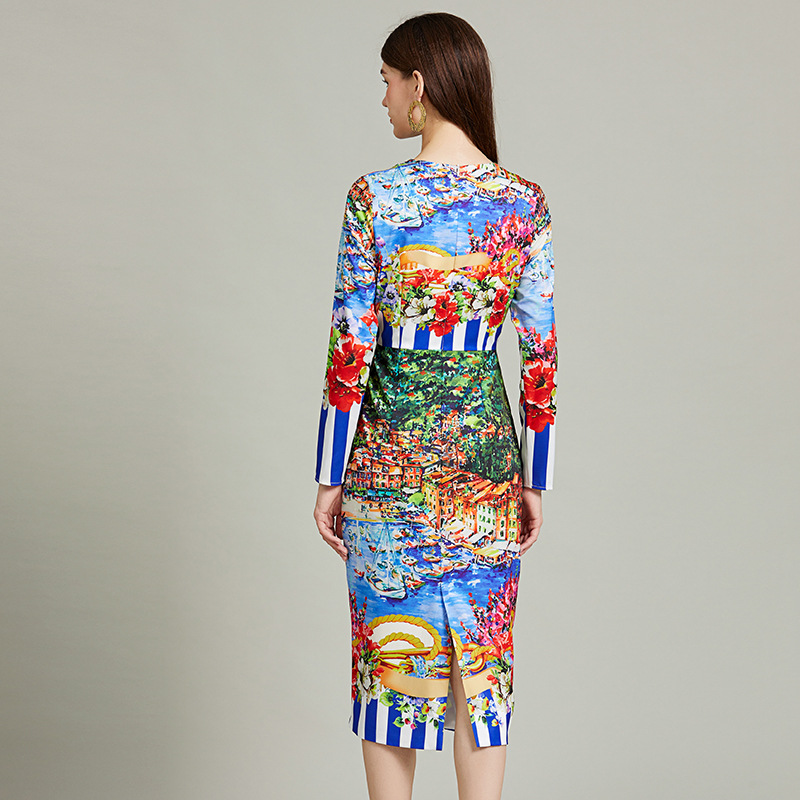 New S/S Retro style striped landscape print slim-fit bodycon dres long sleeve dress K26011204