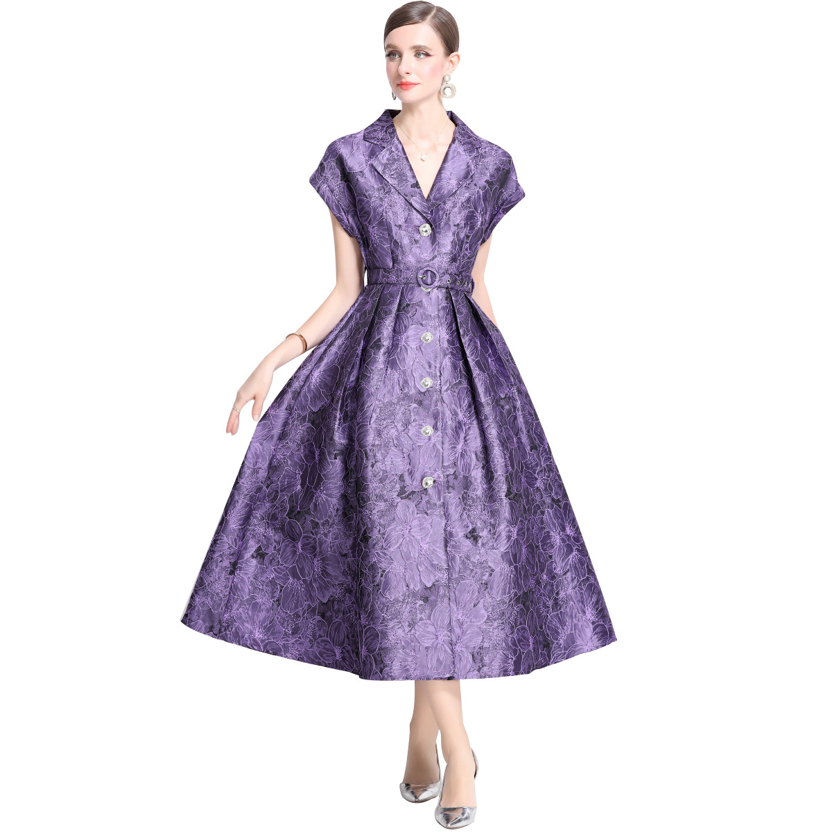 New S/S Elegant  jacquard short-sleeved lapel long dress K26011207