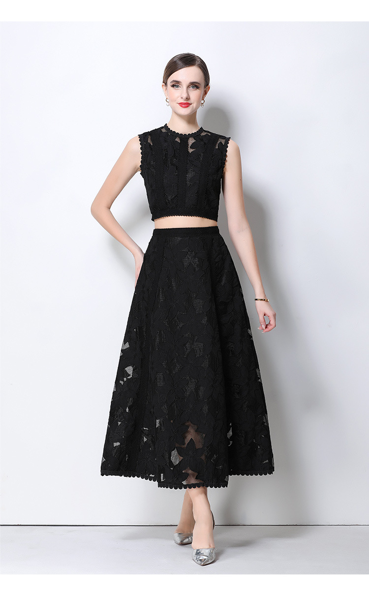 Elegant Lace Crop Top And Skirt Set Sleeveless Floral Embroidery Cocktail Dress K26032402