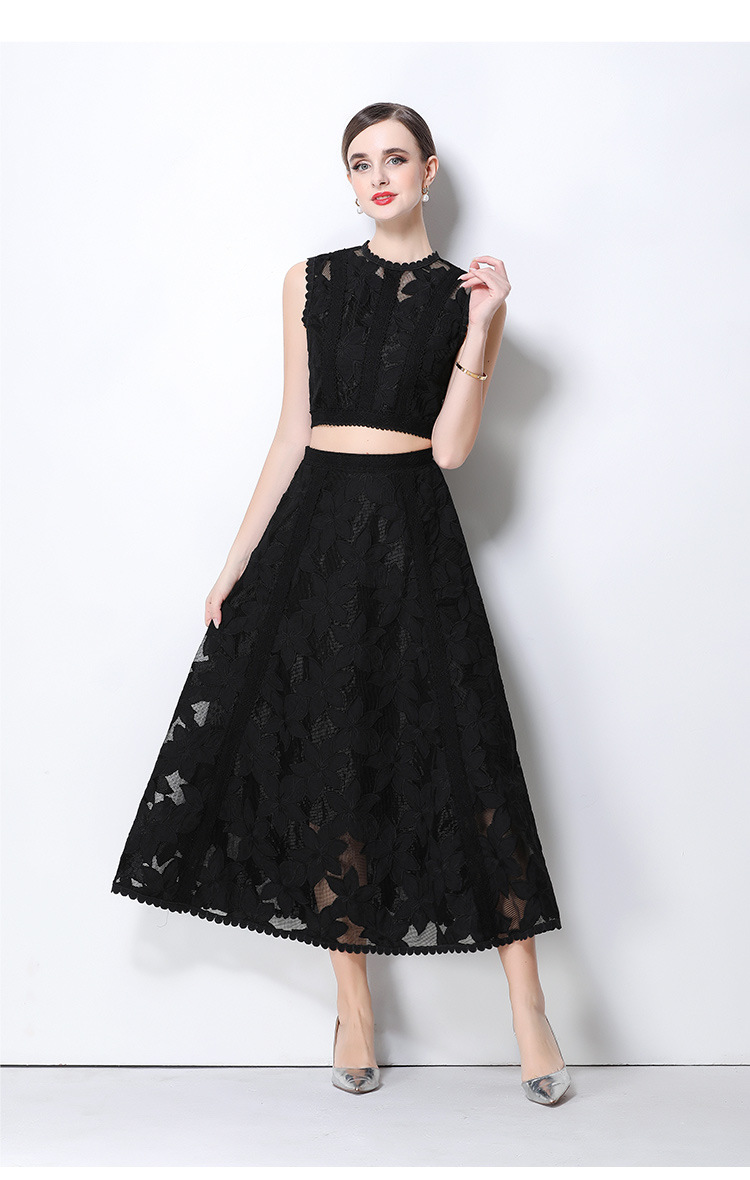 Elegant Lace Crop Top And Skirt Set Sleeveless Floral Embroidery Cocktail Dress K26032402