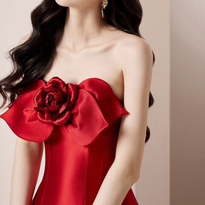 New French-style floral satin strapless maxi dress K25120904