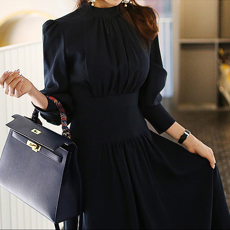 New Elegant stand-up collar lantern sleeve high-waisted slim-fit dress K25121106