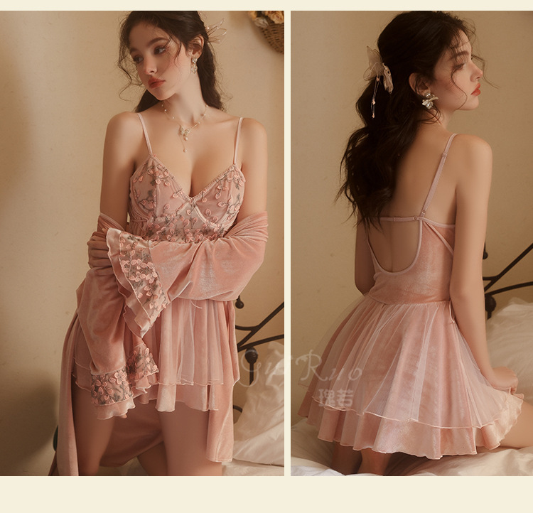 New Sweet lace embroidered pajamas Set with underwire straps nightgown Lingeris K121602