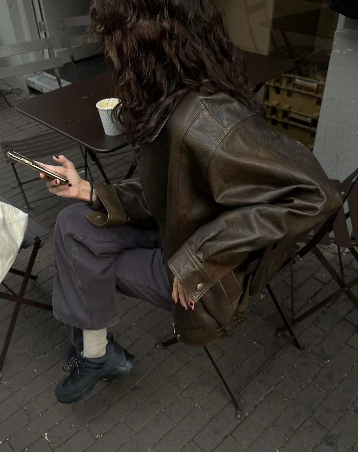 Korean New Retro Maillard Style Zipper Loose PU Leather Coat Women's Jacket K010611