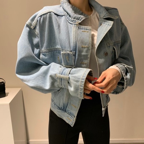 New Korean Blogger Recommended Lapel Long Sleeve Loose Fit Short Denim Jacket K010625