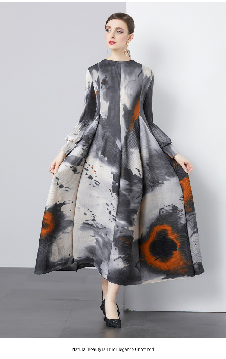 New S/S Sophisticated and stylish printed lantern sleeve loose plus size semi-high neck long dress K26011203
