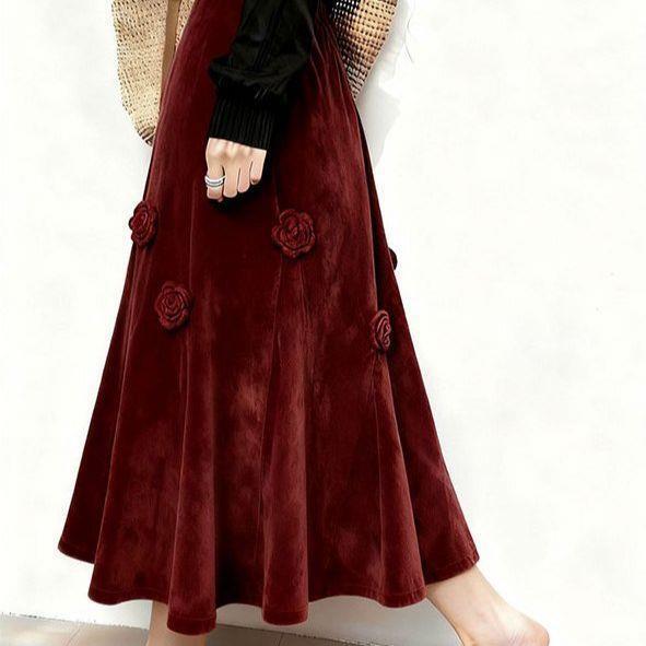 New Elegant 3D floral velvet midi A-line silhouette skirt K26012007