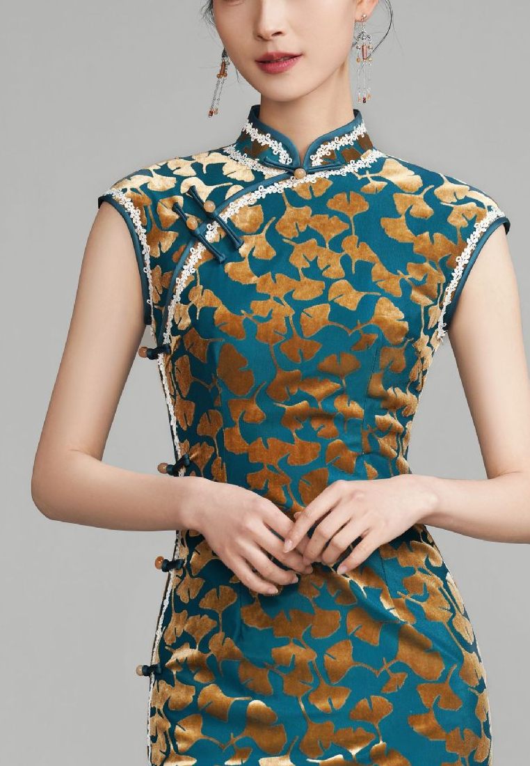 Vintage Velvet Gold Print Improved Cheongsam Elegant Slim Slit Maxi Dress K26012802