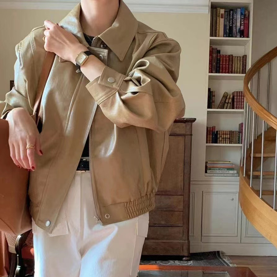 Korean New Retro Fashion Long-Sleeved PU Leather Jacket K010613