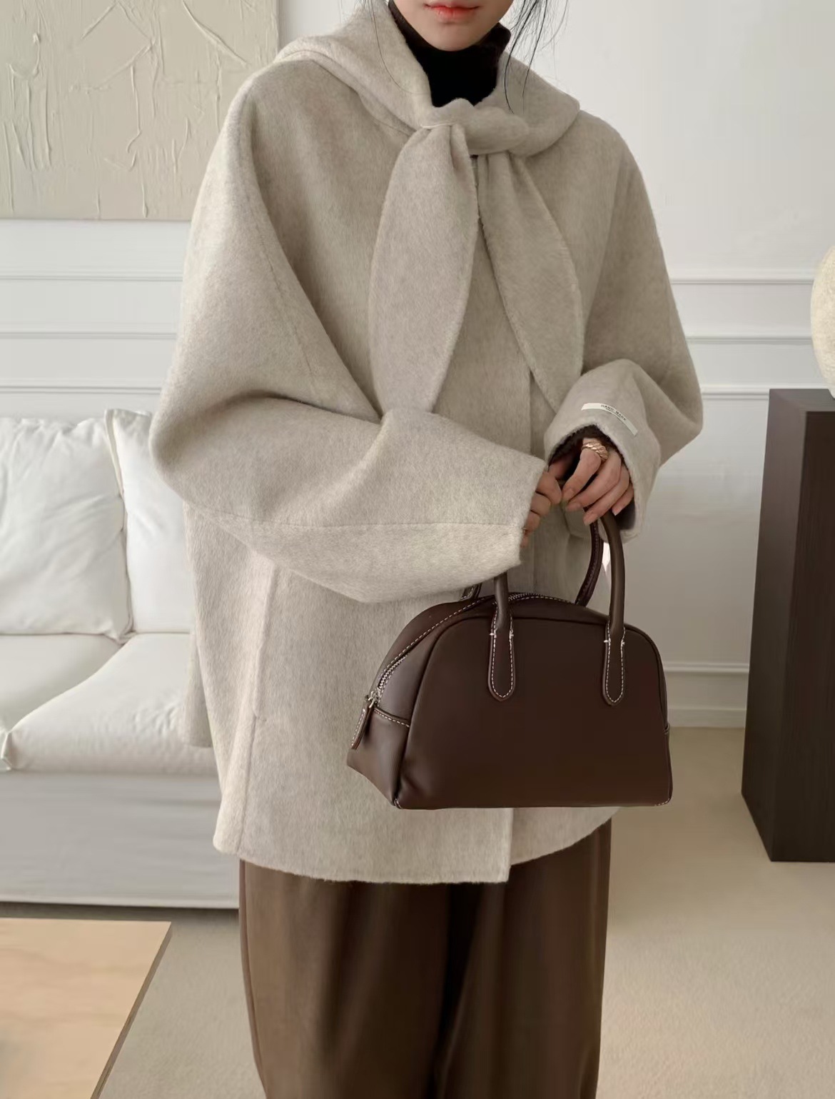 Korean-style French flai tie-neck bow Women Wool Jacket K010618