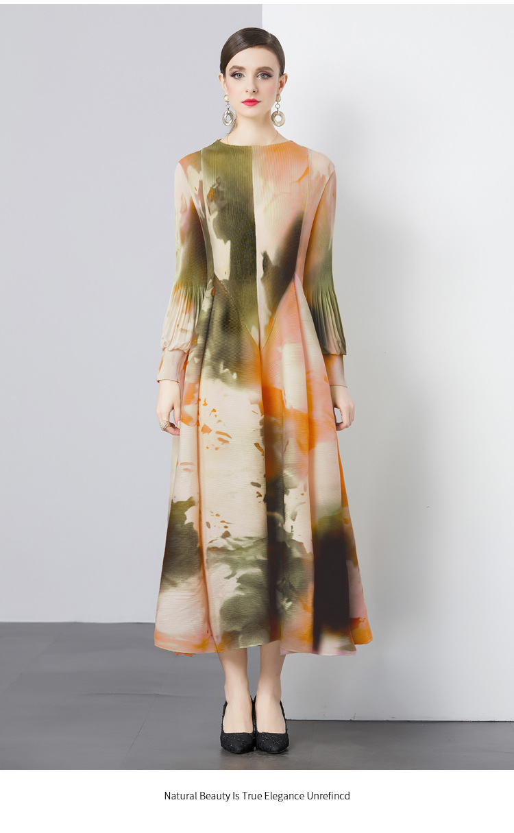 New S/S Sophisticated and stylish printed lantern sleeve loose plus size semi-high neck long dress K26011203