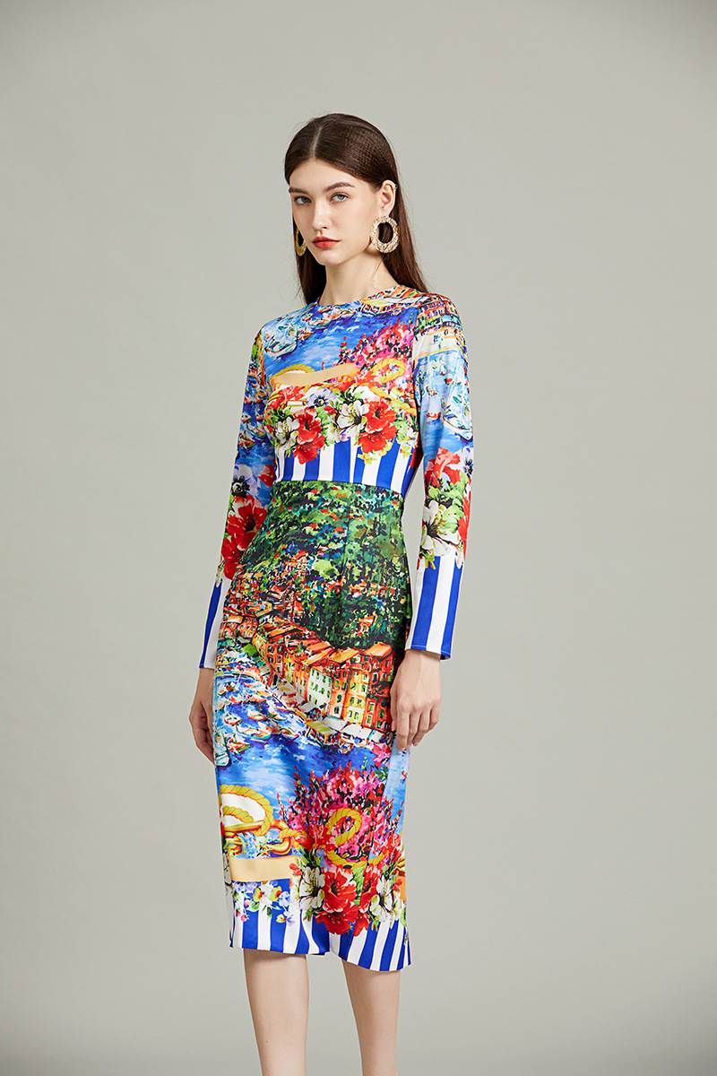 New S/S Retro style striped landscape print slim-fit bodycon dres long sleeve dress K26011204