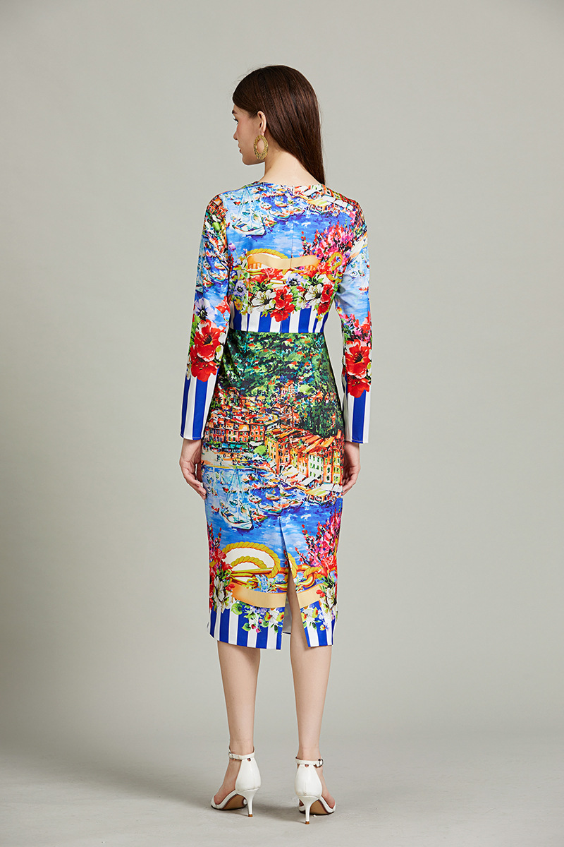 New S/S Retro style striped landscape print slim-fit bodycon dres long sleeve dress K26011204