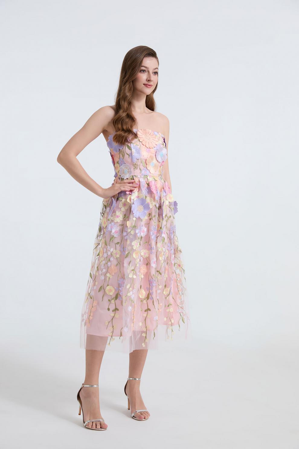 Strapless 3D Floral Tulle Midi Dress Prom Party Wedding Guest Dress K26032301