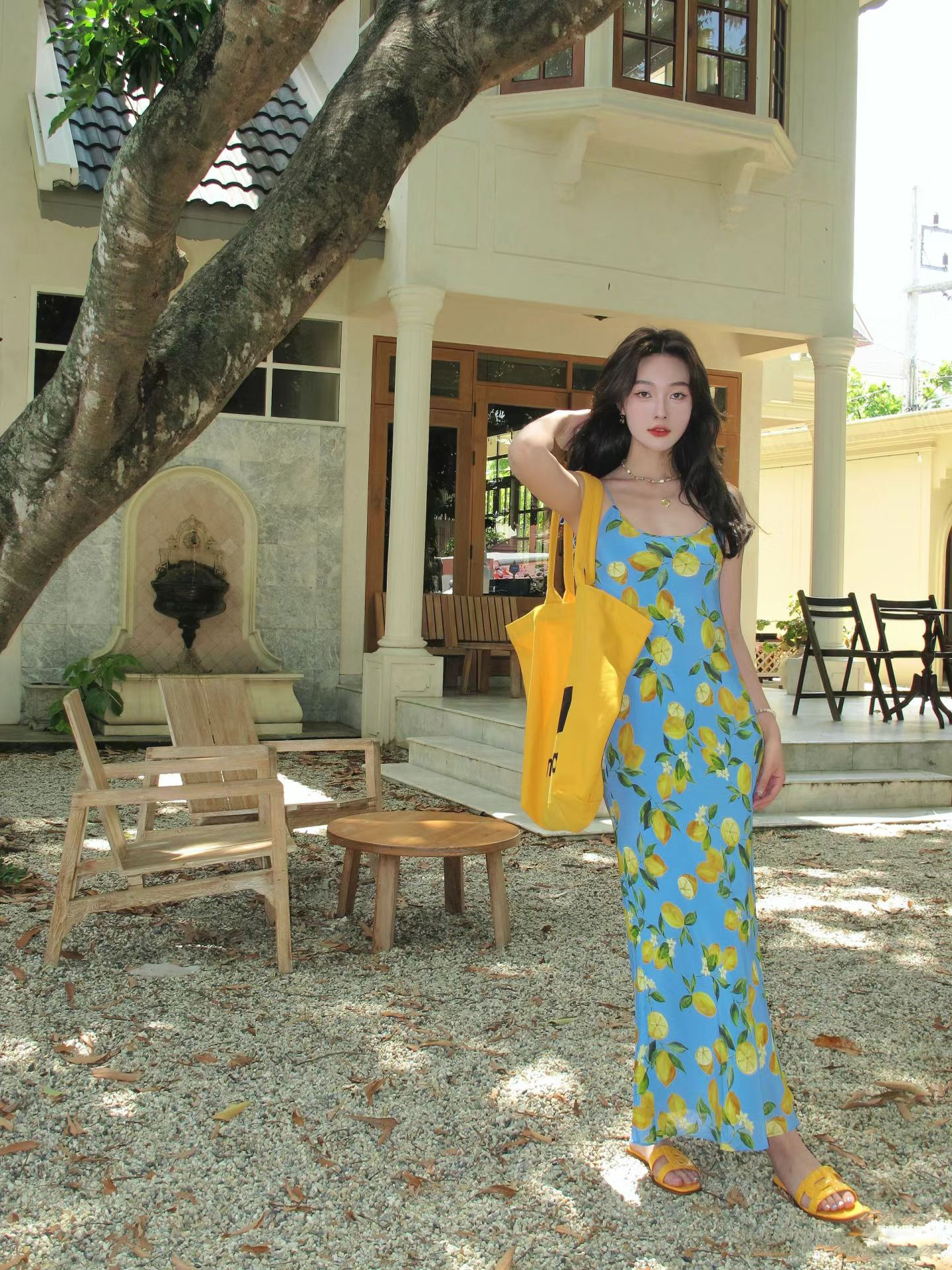 Lemon Print Spaghetti Strap Maxi Dress Summer Beach Vacation Sundress K26033102