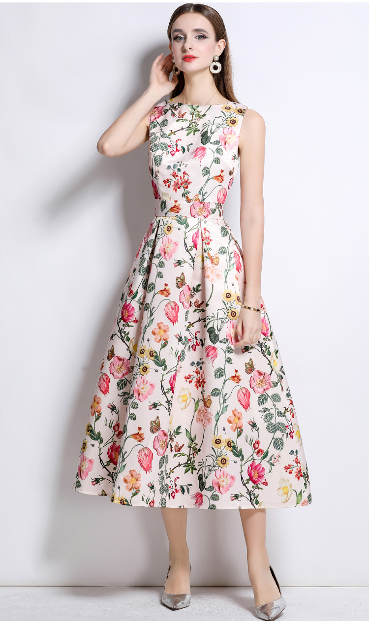 Romantic floral print sleeveless fit and flare midi dress K26051309