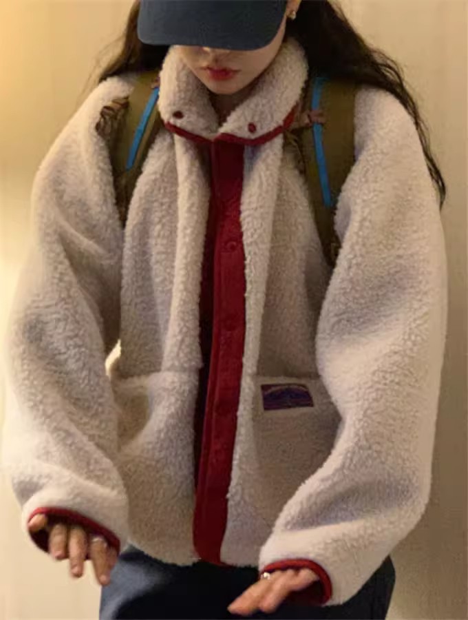 Korean style reversible color-blocked lamb cotton-padded jacket for women K010623