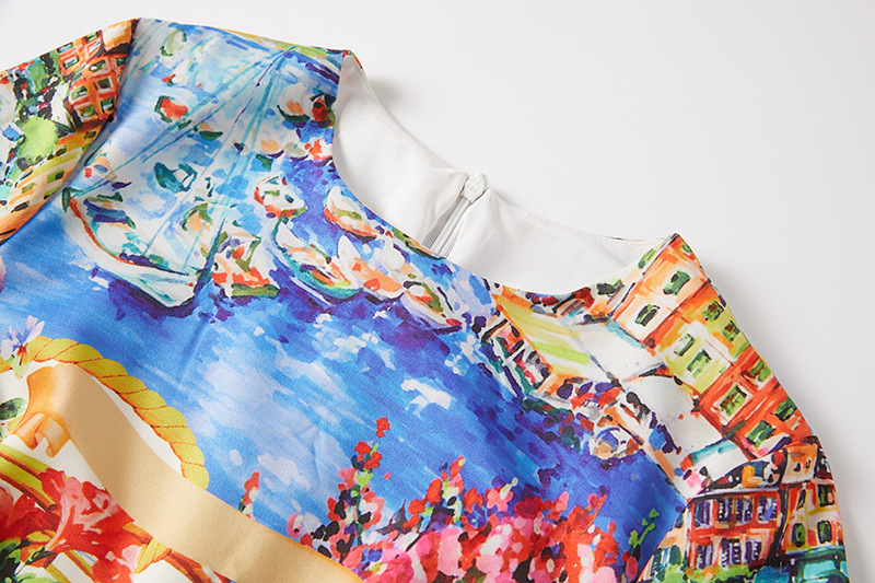 New S/S Retro style striped landscape print slim-fit bodycon dres long sleeve dress K26011204