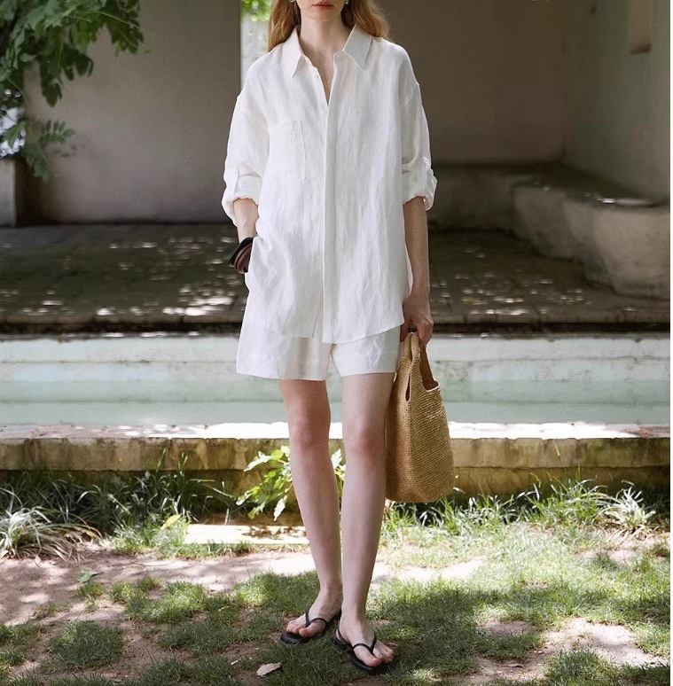 Classic Linen Long Sleeve Shirt And Shorts Set Women Casual Two Piece Outfit K26032406