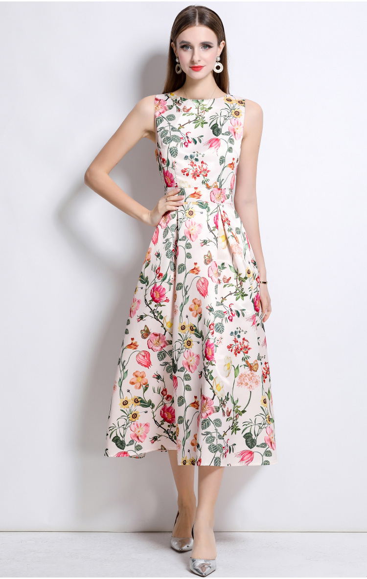 Romantic floral print sleeveless fit and flare midi dress K26051309