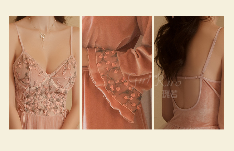 New Sweet lace embroidered pajamas Set with underwire straps nightgown Lingeris K121602