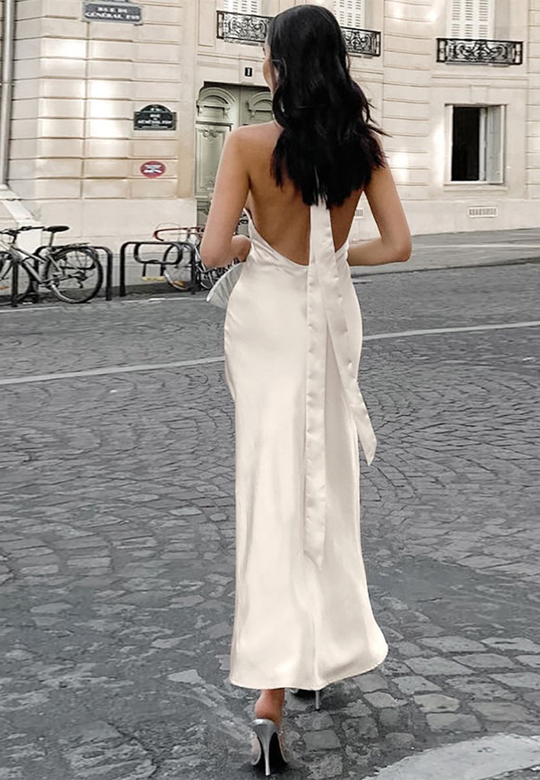 Simple style white fishtail dress backless halterneck dress A121815