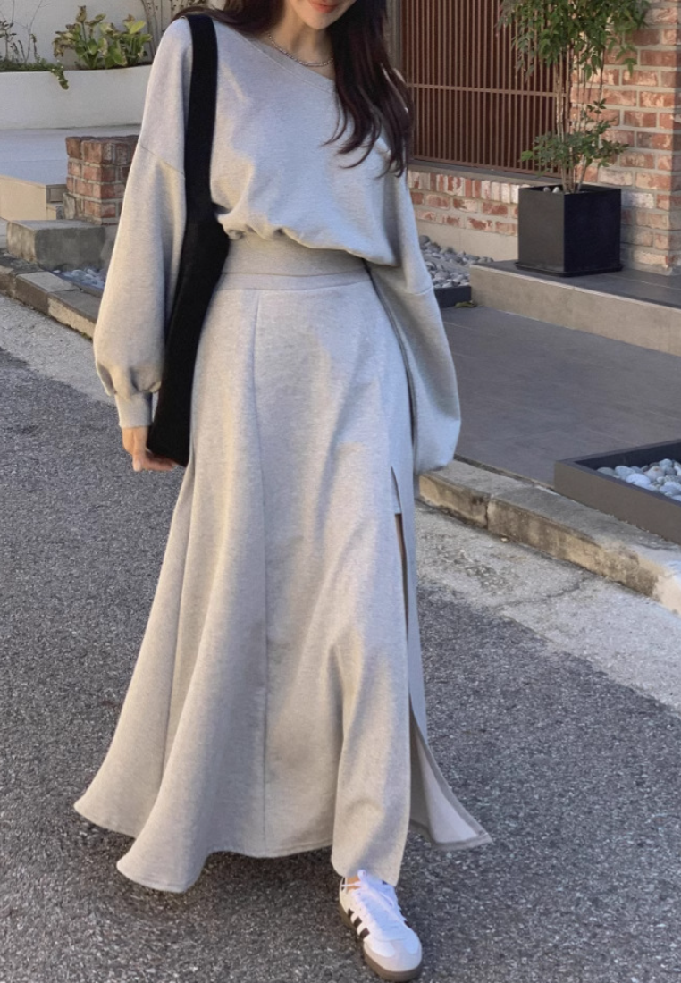 Korean chic New trendy off-shoulder cropped sweatshirt + side-slit maxi skirt set K010617