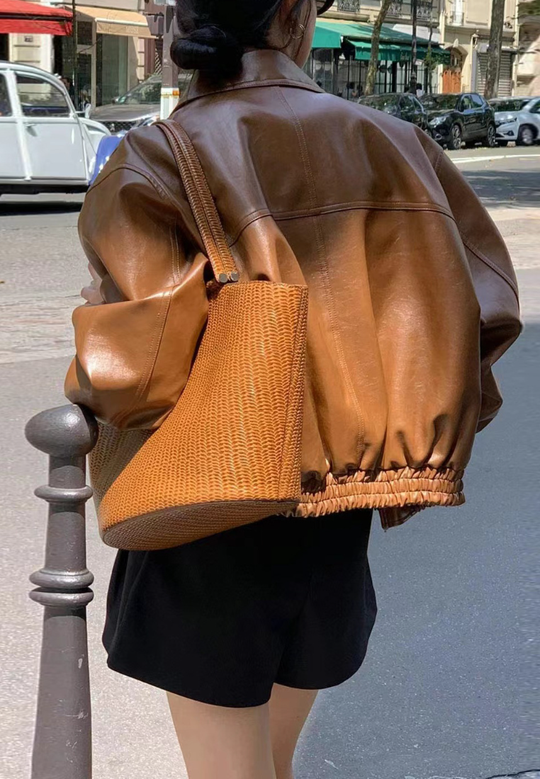 Korean New Retro Fashion Long-Sleeved PU Leather Jacket K010613