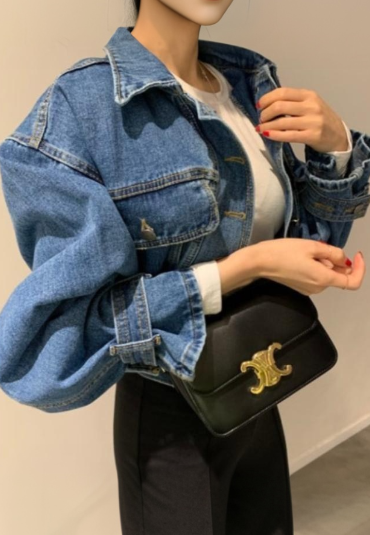 New Korean Blogger Recommended Lapel Long Sleeve Loose Fit Short Denim Jacket K010625