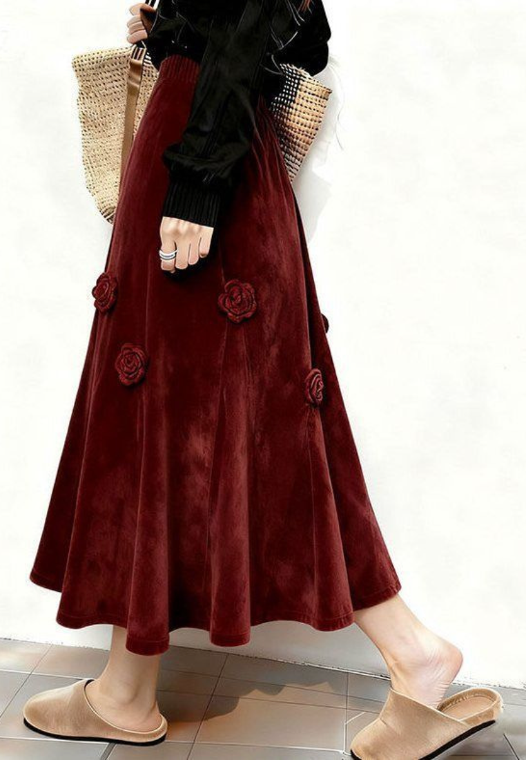 New Elegant 3D floral velvet midi A-line silhouette skirt K26012007