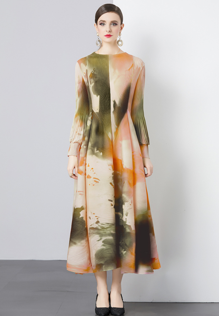 New S/S Sophisticated and stylish printed lantern sleeve loose plus size semi-high neck long dress K26011203