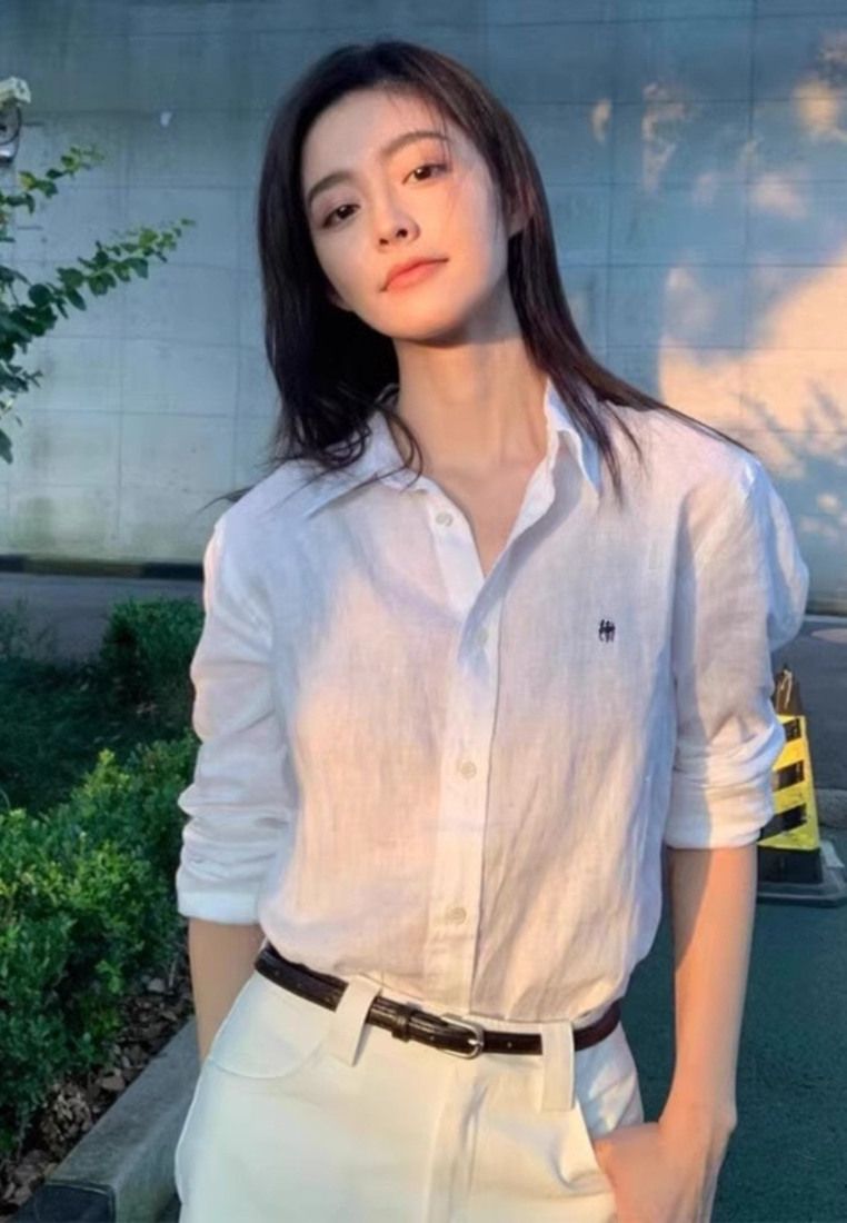 Linen Long Sleeve Button Down Shirt With Small Horse Embroidery Loose Fit Sun Protection Blouse K26032407