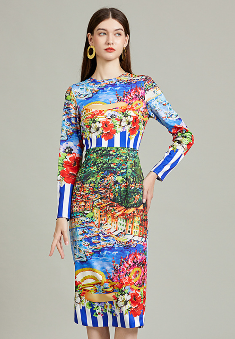 New S/S Retro style striped landscape print slim-fit bodycon dres long sleeve dress K26011204