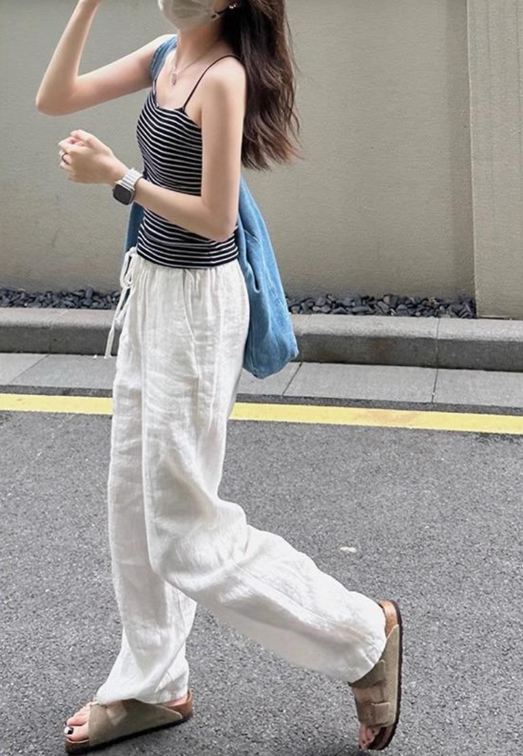 High Waist Cotton Linen Wide Leg Pants Loose Fit Casual Straight Leg Trousers K26032408