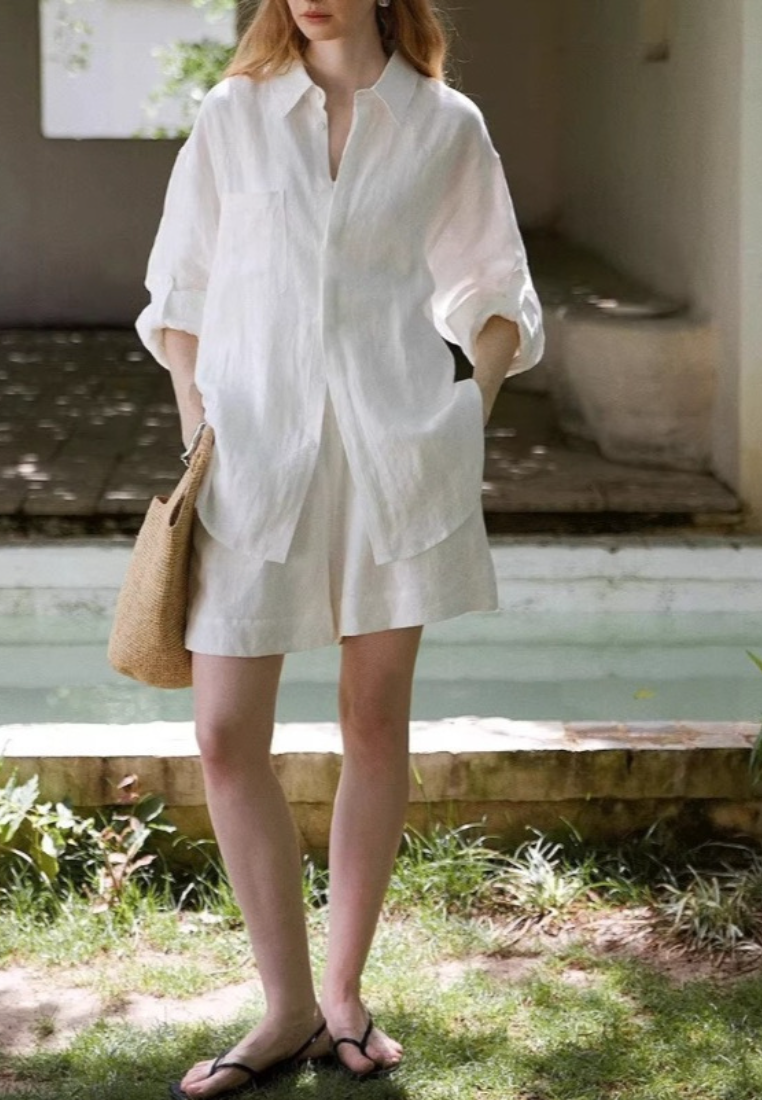 Classic Linen Long Sleeve Shirt And Shorts Set Women Casual Two Piece Outfit K26032406