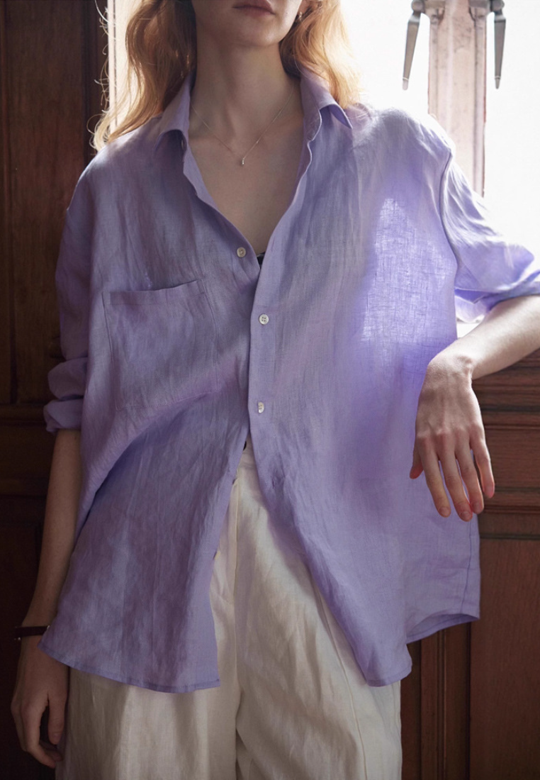 Natural Linen Long Sleeve Button Down Shirt Lavender Casual Oversized Blouse K26032405